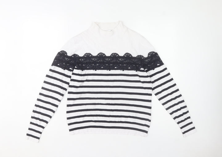 Warehouse Womens White Striped Lace Mock Neck Jumper Size 14