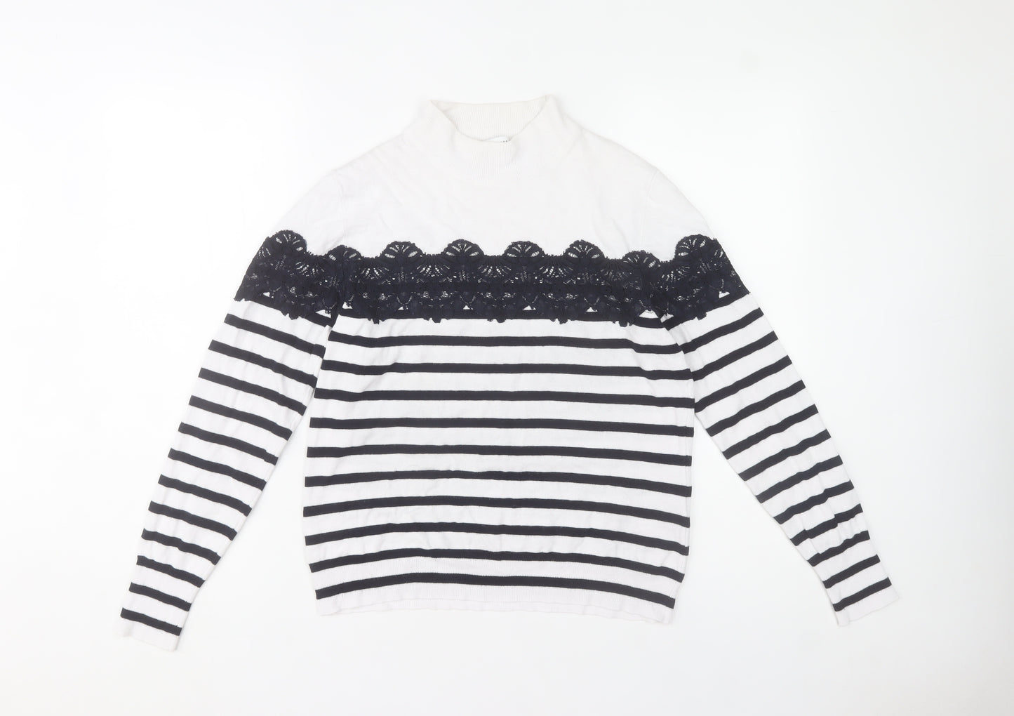 Warehouse Womens White Striped Lace Mock Neck Jumper Size 14