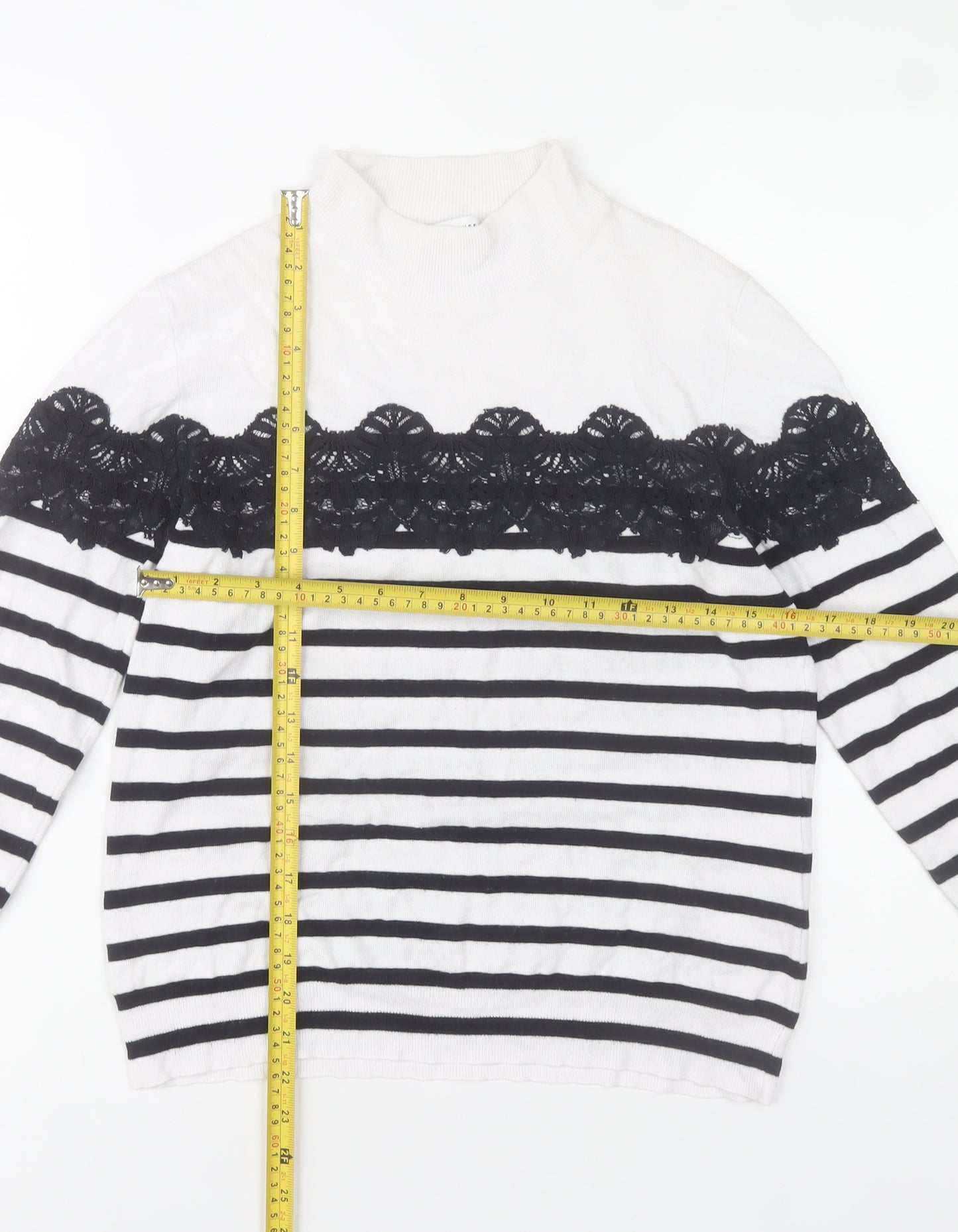 Warehouse Womens White Striped Lace Mock Neck Jumper Size 14