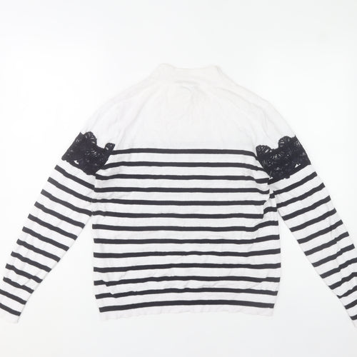 Warehouse Womens White Striped Lace Mock Neck Jumper Size 14