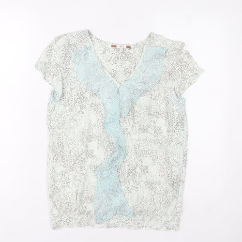 Next Women Blue Floral Ruffle V-Neck Short Sleeve Blouse Size 8