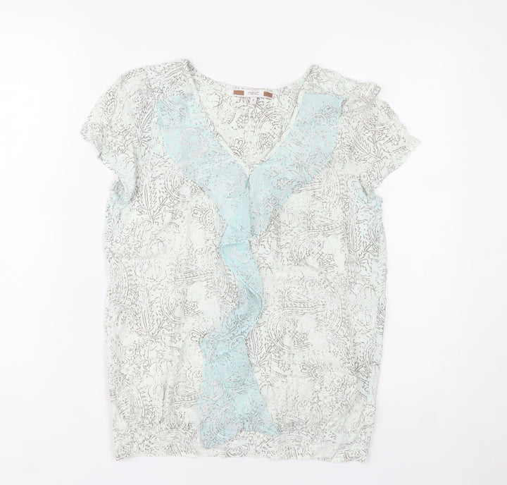 Next Women Blue Floral Ruffle V-Neck Short Sleeve Blouse Size 8