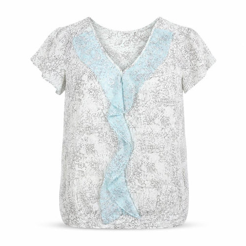Next Women Blue Floral Ruffle V-Neck Short Sleeve Blouse Size 8