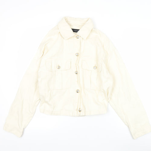 Zara Women Ivory Cotton Cropped Basic Jacket XS