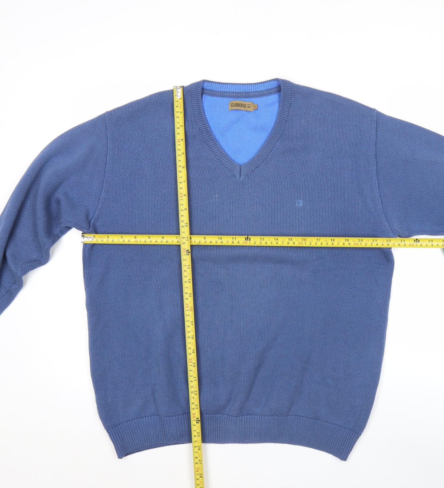 Clubhouse Men's Blue V-Neck Cotton Acrylic Jumper Size L