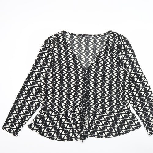 Dunnes Women’s Black Geometric Wrap Blouse Size L Long Sleeve