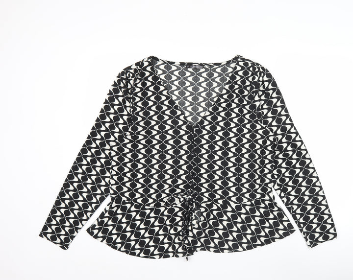 Dunnes Women’s Black Geometric Wrap Blouse Size L Long Sleeve