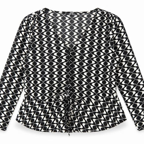 Dunnes Women’s Black Geometric Wrap Blouse Size L Long Sleeve