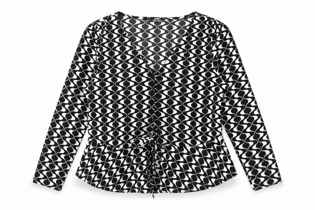 Dunnes Women’s Black Geometric Wrap Blouse Size L Long Sleeve