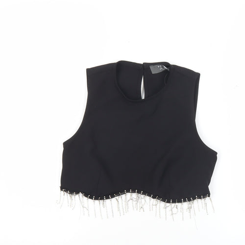 Primark Women Black Cropped Beaded Fringe Sleeveless Blouse Size 6