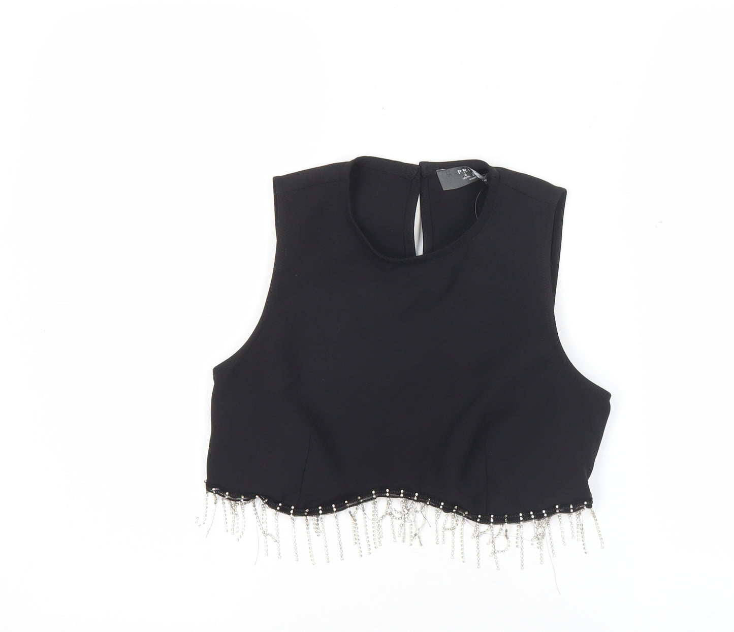 Primark Women Black Cropped Beaded Fringe Sleeveless Blouse Size 6