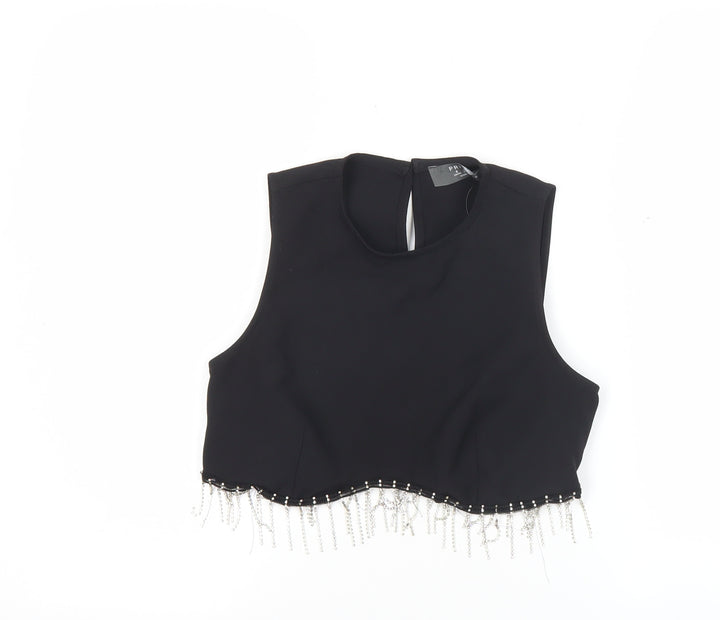 Primark Women Black Cropped Beaded Fringe Sleeveless Blouse Size 6