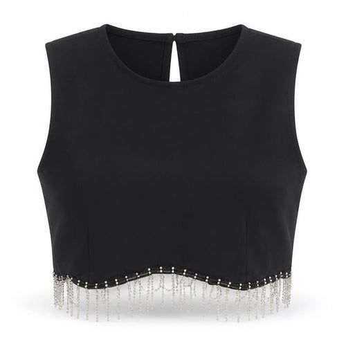 Primark Women Black Cropped Beaded Fringe Sleeveless Blouse Size 6