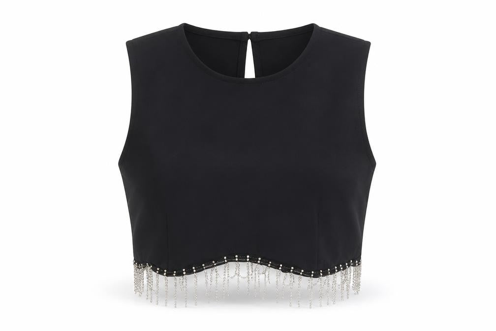 Primark Women Black Cropped Beaded Fringe Sleeveless Blouse Size 6