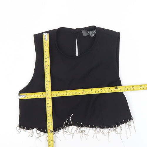 Primark Women Black Cropped Beaded Fringe Sleeveless Blouse Size 6