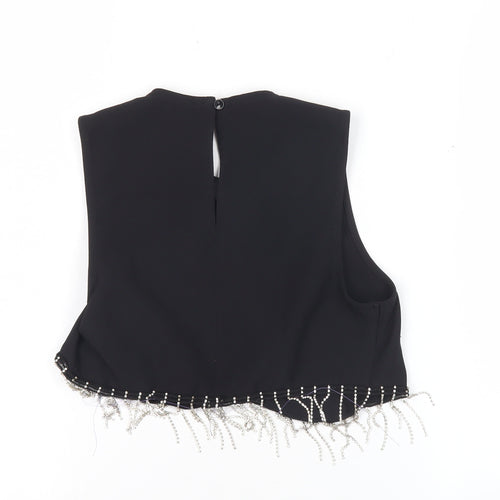 Primark Women Black Cropped Beaded Fringe Sleeveless Blouse Size 6