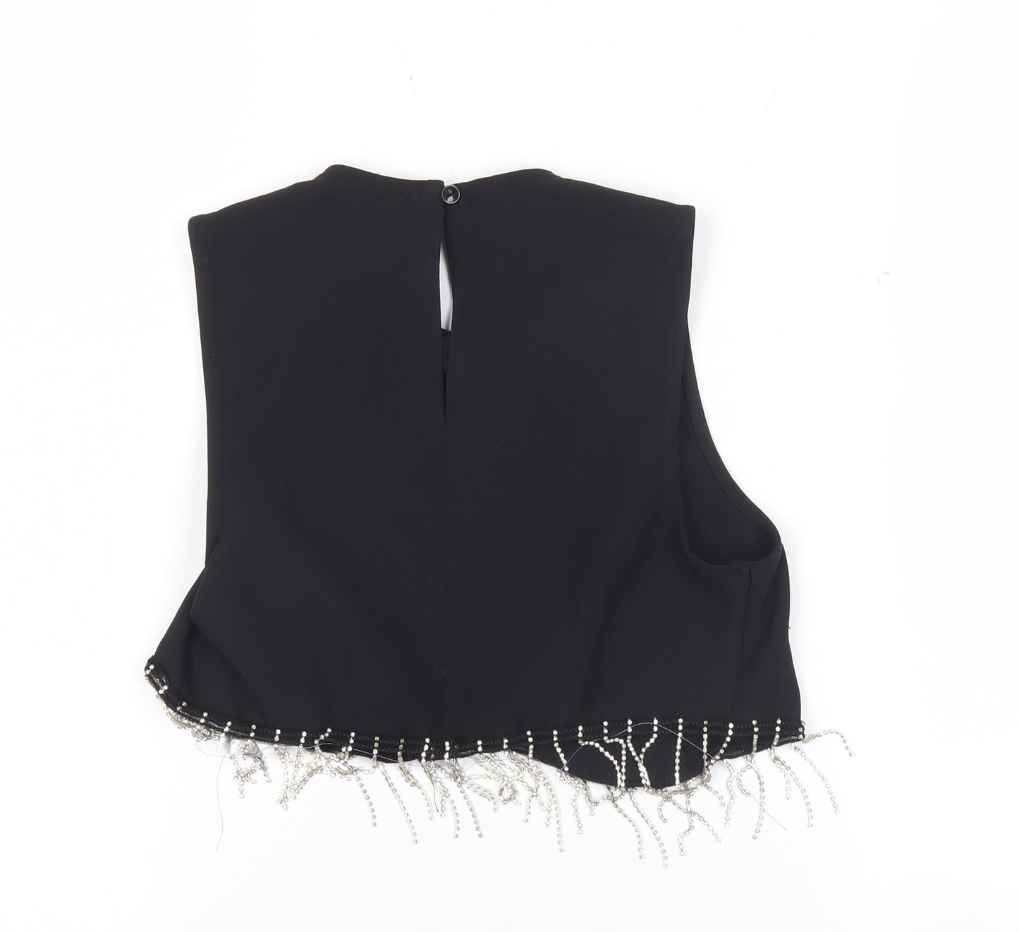 Primark Women Black Cropped Beaded Fringe Sleeveless Blouse Size 6
