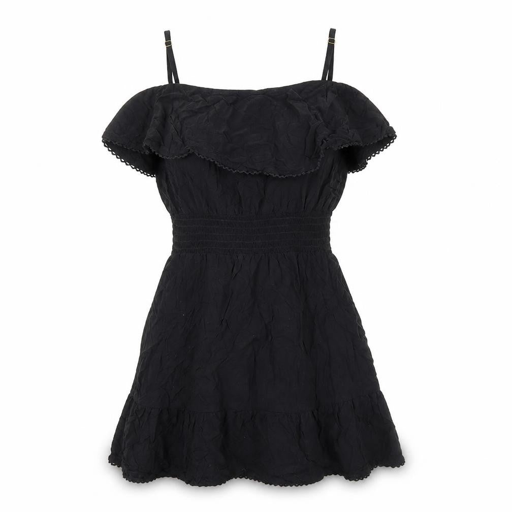 Front view of Resort Women's Black Off Shoulder Ruffle Short Dress, size S