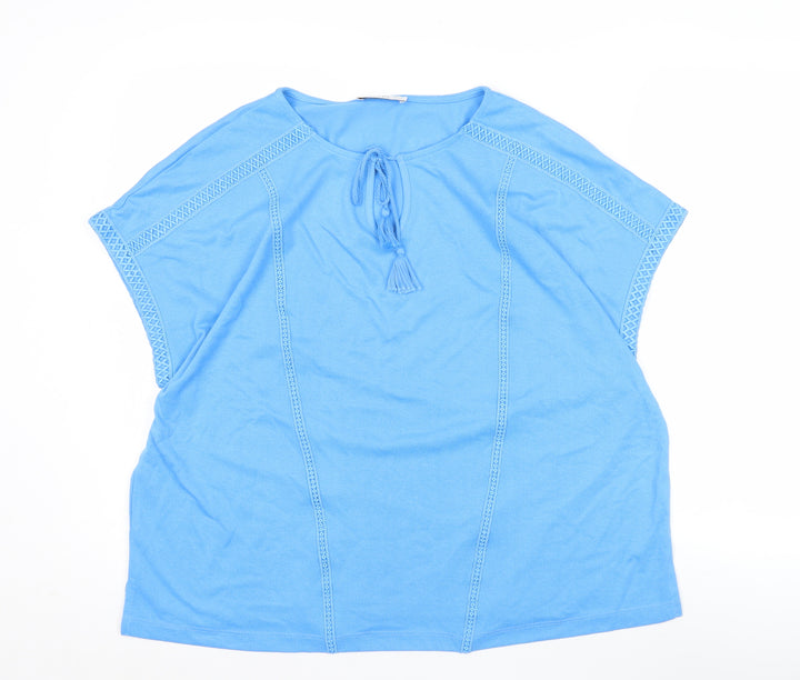Gallery Women's Blue Tunic Blouse L Short Sleeve Tassel Detail