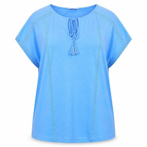 Gallery Women's Blue Tunic Blouse L Short Sleeve Tassel Detail