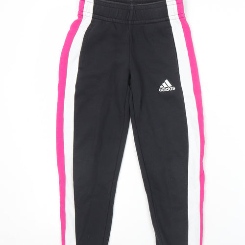 Adidas Girls Black Track Pants 7-8 Years Elastic Waist Cotton Blend