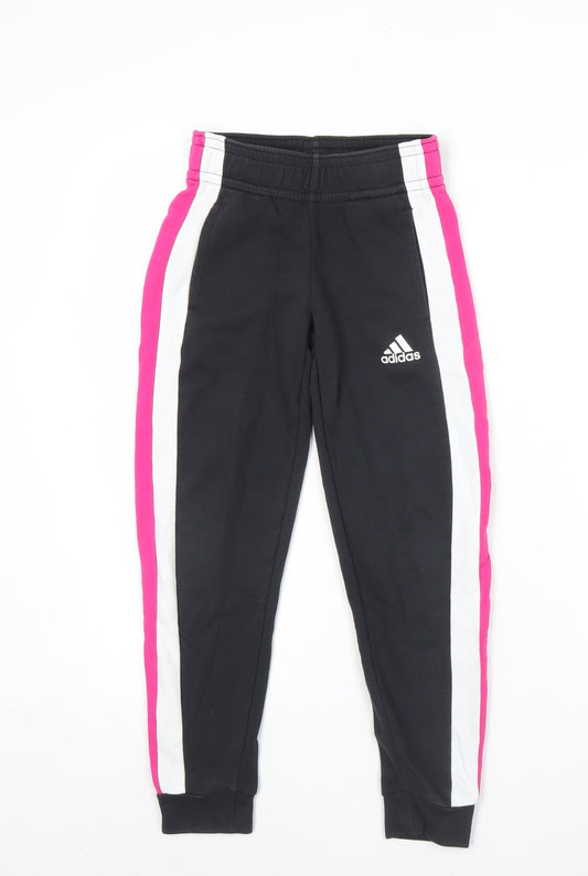 Front view of Adidas girls’ black track pants 7-8 years elastic waist cotton blend