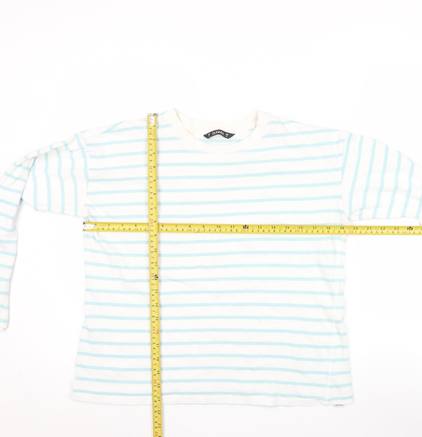 Dunnes Women's White Blue Striped Long Sleeve Cotton T-Shirt Size M