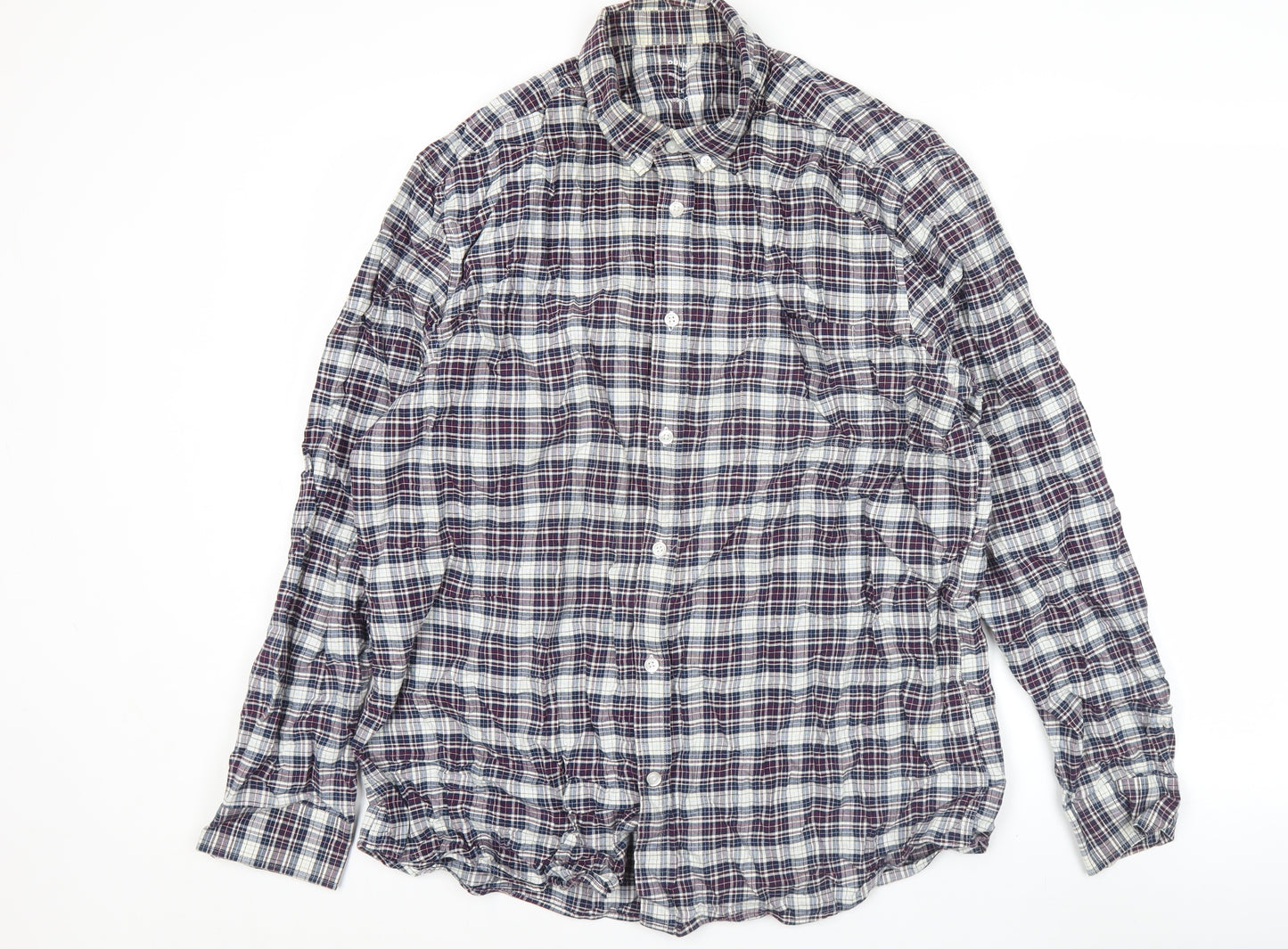 Dunnes Stores Men's Blue Plaid Cotton Regular Fit Long Sleeve Button-Up Shirt Size L