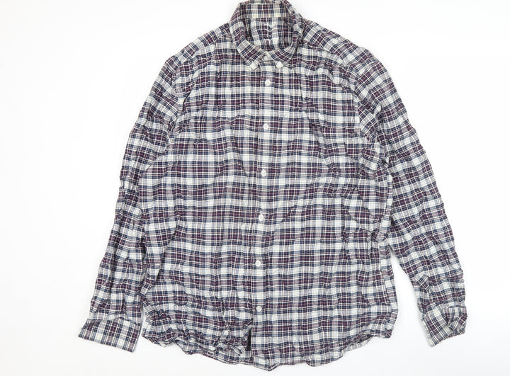 Dunnes Stores Men's Blue Plaid Cotton Regular Fit Long Sleeve Button-Up Shirt Size L