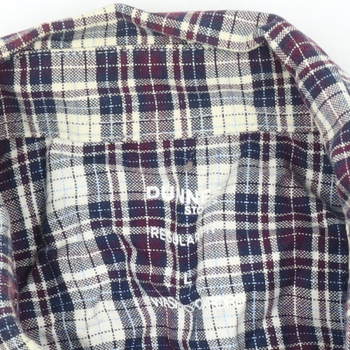 Dunnes Stores Men's Blue Plaid Cotton Regular Fit Long Sleeve Button-Up Shirt Size L