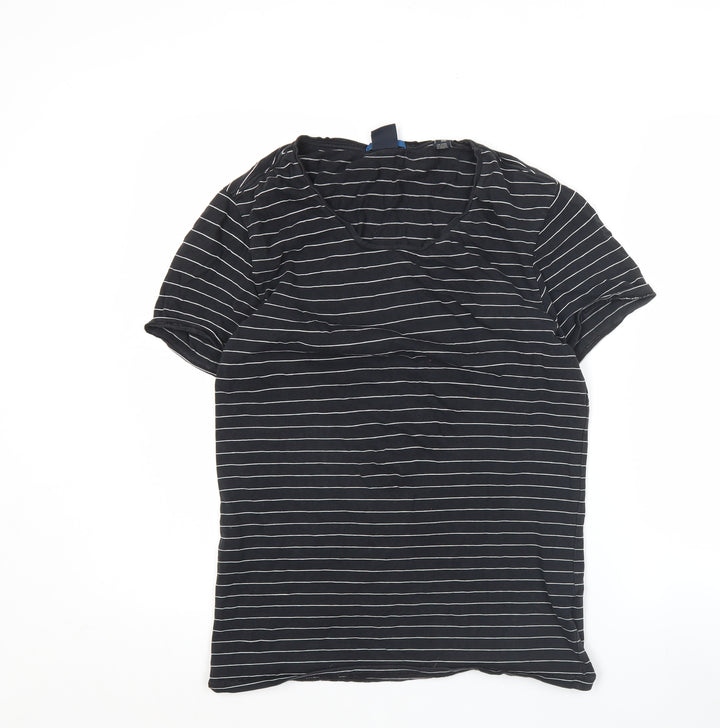 Scotch & Soda Men's Black Striped V-Neck Cotton T-Shirt Size M