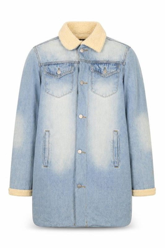 Front view of Momokrom Men Blue Denim Long Sherpa Coat Jacket, size S