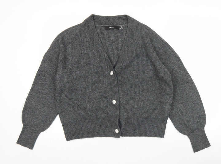 Vero Moda Women Grey V-Neck Button Knit Cardigan Jumper M