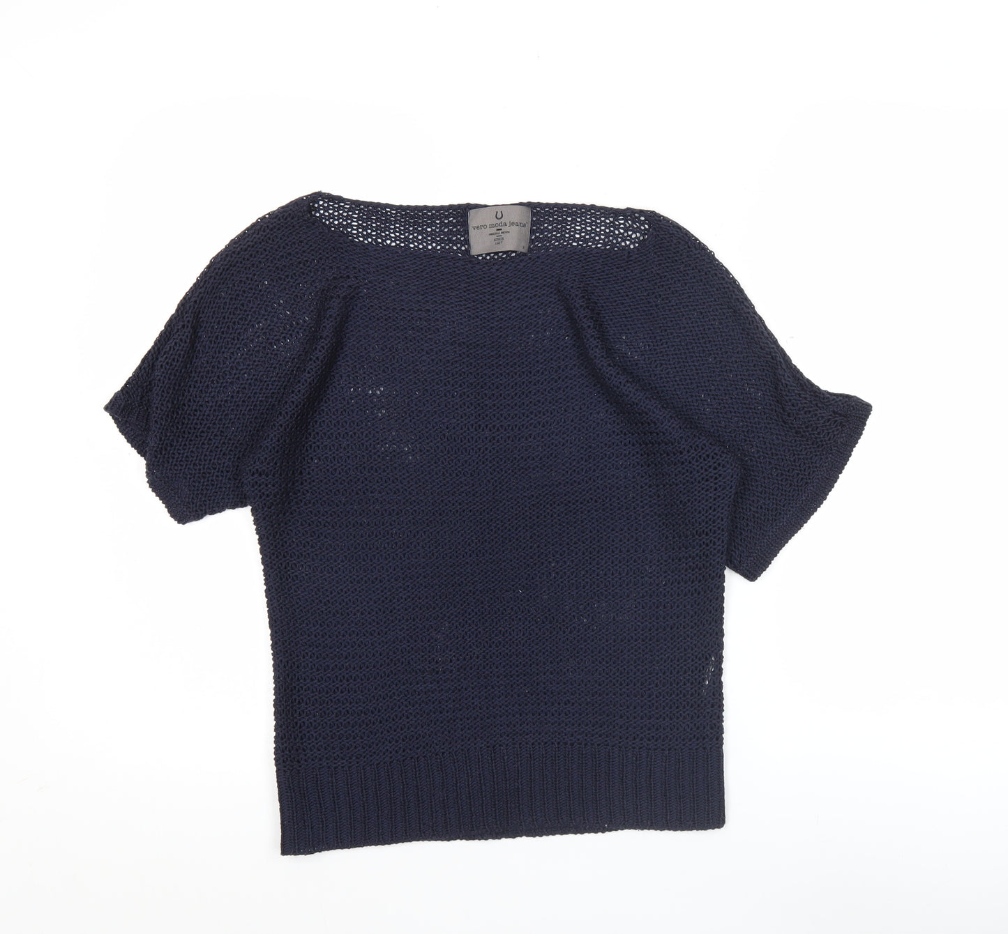 Vero Moda Women Blue Open Knit Short Sleeve Cotton Jumper Size L