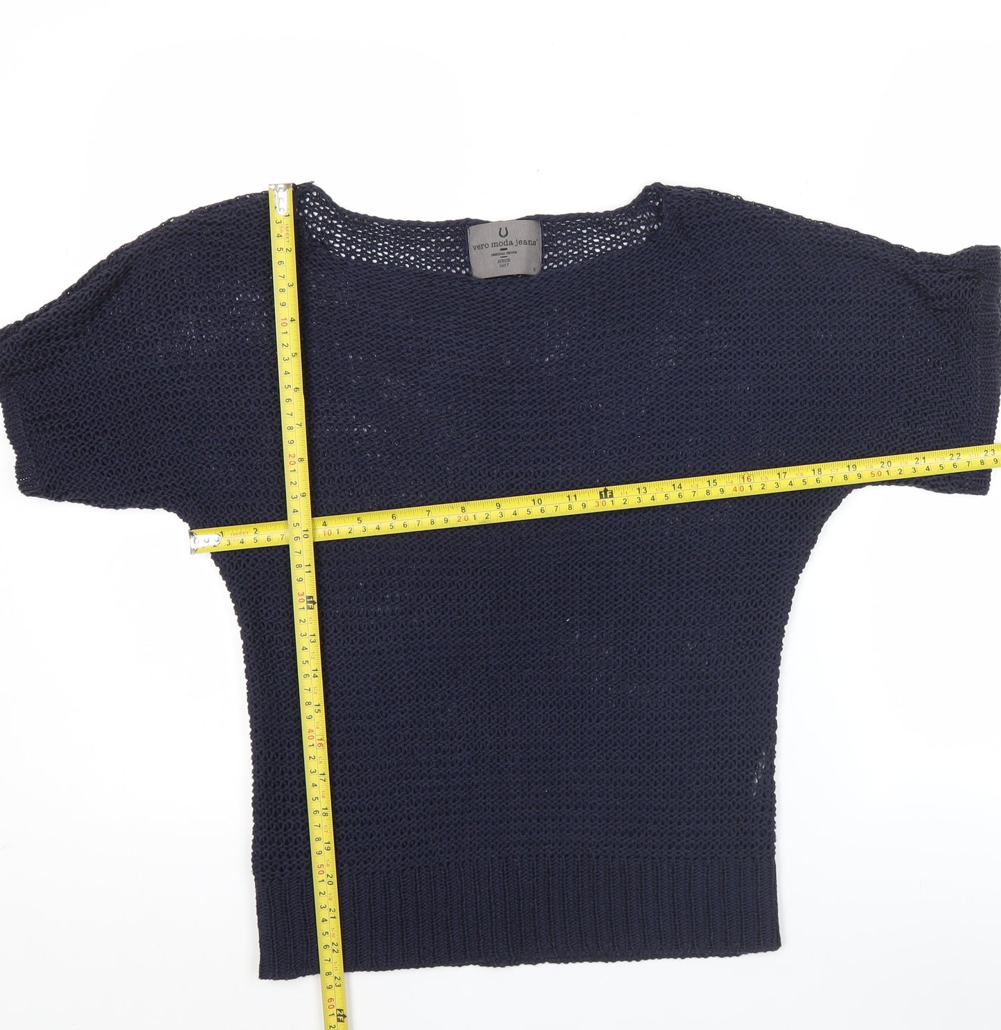 Vero Moda Women Blue Open Knit Short Sleeve Cotton Jumper Size L