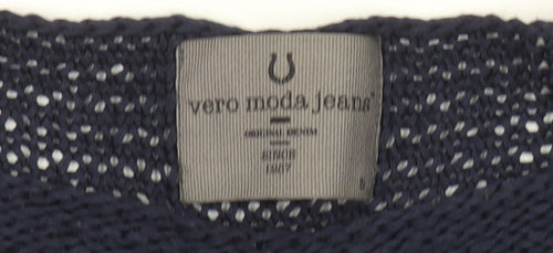 Vero Moda Women Blue Open Knit Short Sleeve Cotton Jumper Size L
