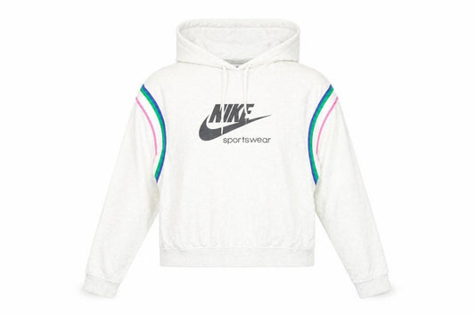 Front view of Nike women’s beige hooded pullover sweatshirt, size S, logo design