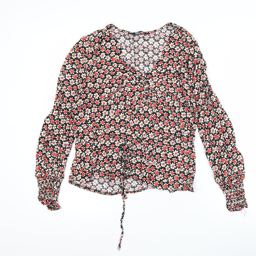 Peacocks Womens Black Floral V-Neck Long Sleeve Viscose Blouse Size 12