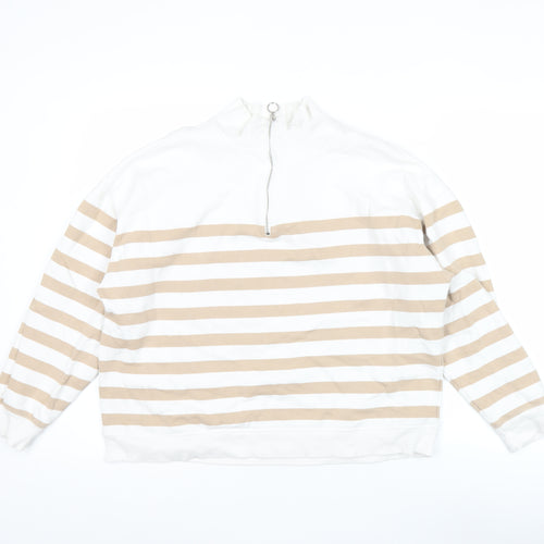 Marks and Spencer Women Beige White 1/2 Zip Striped Sweatshirt Size 14