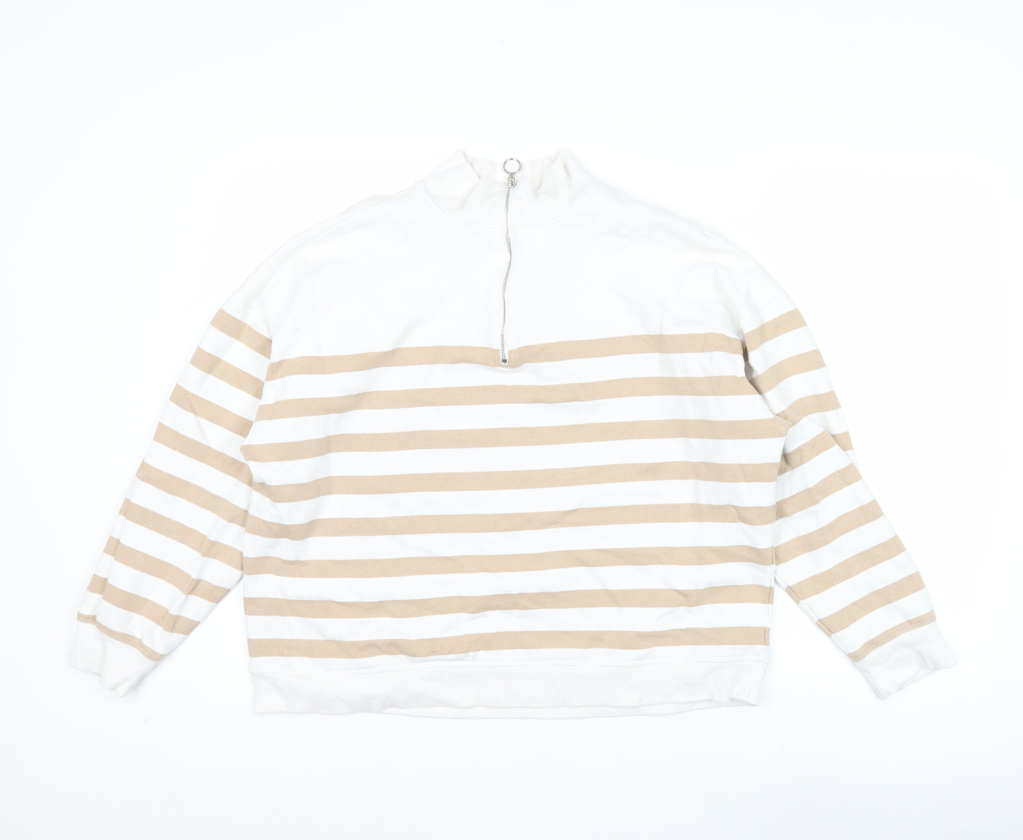 Marks and Spencer Women Beige White 1/2 Zip Striped Sweatshirt Size 14