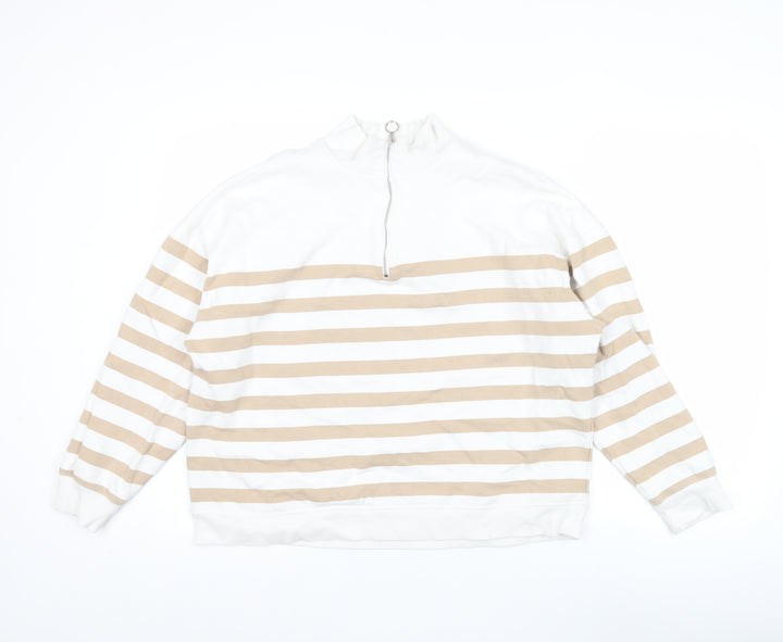 Marks and Spencer Women Beige White 1/2 Zip Striped Sweatshirt Size 14