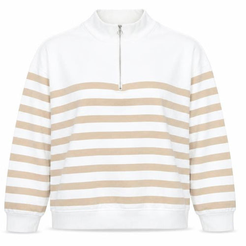 Marks and Spencer Women Beige White 1/2 Zip Striped Sweatshirt Size 14