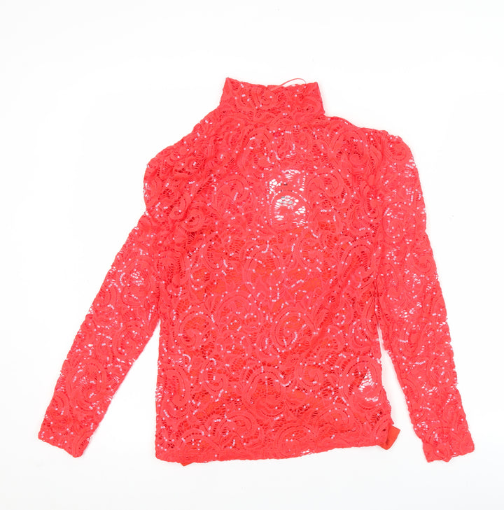 Savida Women's Red Sequin Lace High Neck Long Sleeve Blouse 2XS