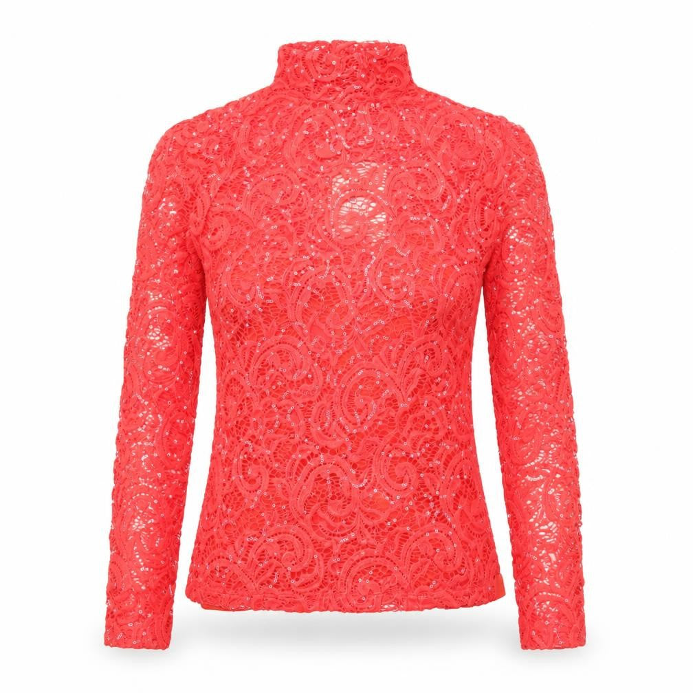 Front view of Savida Women's Red Sequin Lace High Neck Long Sleeve Blouse 2XS