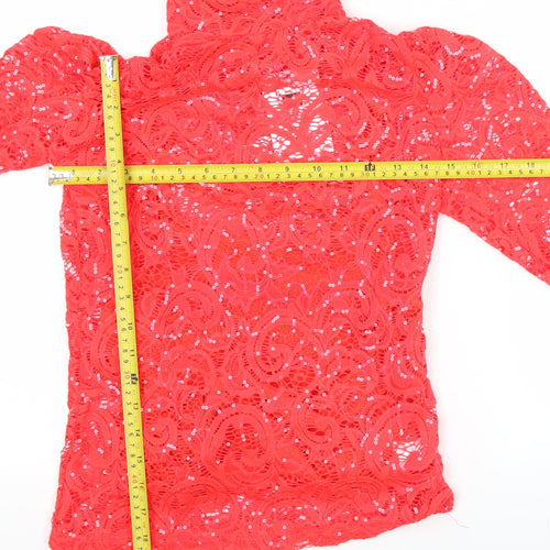 Savida Women's Red Sequin Lace High Neck Long Sleeve Blouse 2XS