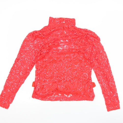 Savida Women's Red Sequin Lace High Neck Long Sleeve Blouse 2XS