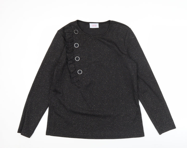 Savida Women’s Black Glitter Long Sleeve Ruffle Button Blouse Size 14