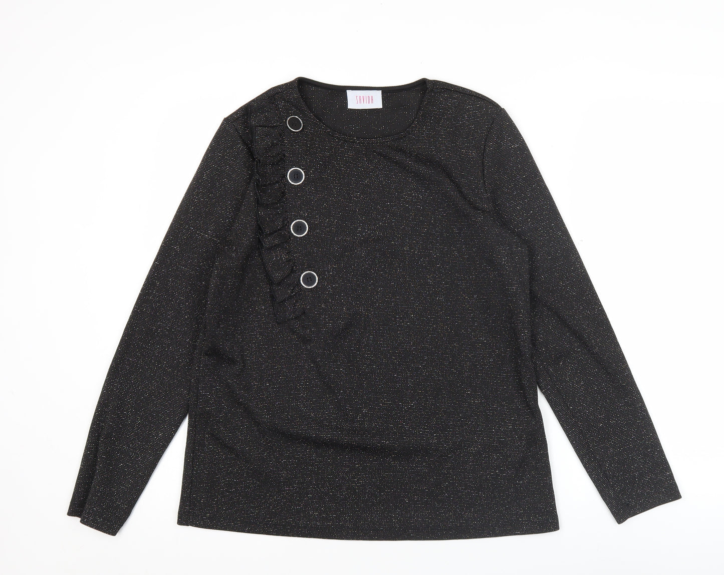 Savida Women’s Black Glitter Long Sleeve Ruffle Button Blouse Size 14