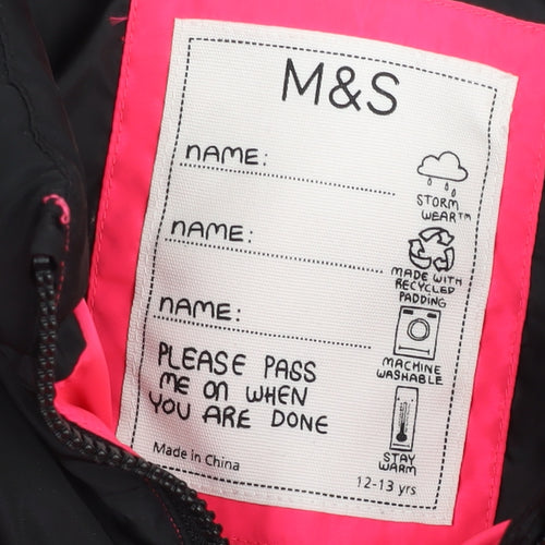 Marks and Spencer Girls Pink Black Puffer Jacket 12-13 Years Winter Coat