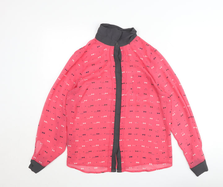 Next Women Pink Geometric Chiffon Long Sleeve Collared Blouse Size 14